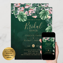 Leah G Tropical Green Pink Leaf Hochzeit Einladung