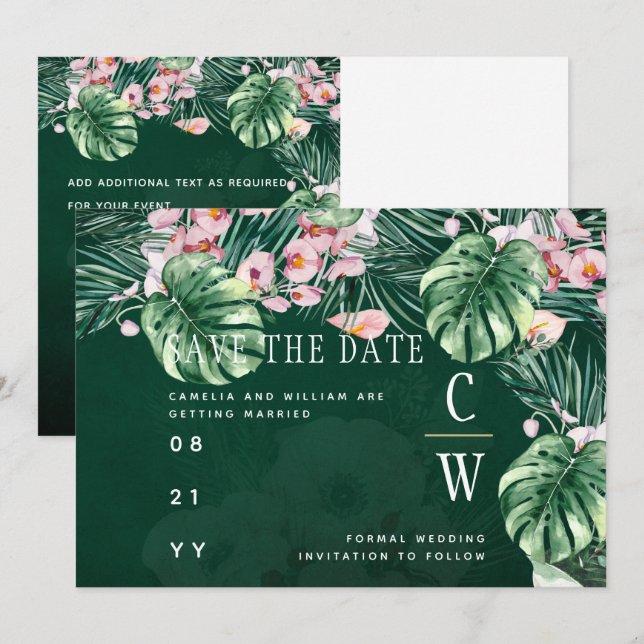 Leah G Tropical Green Pink Leaf Hochzeit Save The Date (Vorne/Hinten)