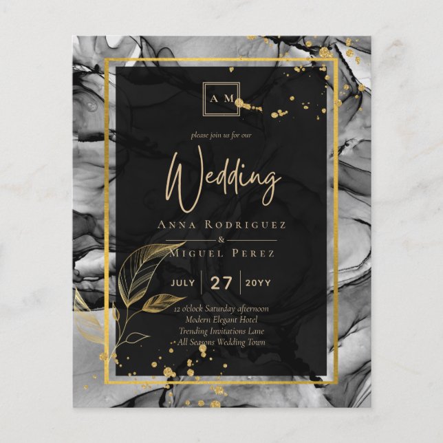 LeahG® Black Gold Alkohol Tinte Wedding INVITE (Vorderseite)