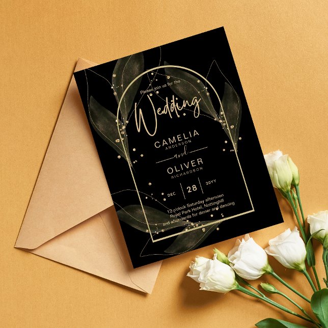 LeahG Black Gold Blätter Moderne HochzeitsinvITE Flyer (Von Creator hochgeladen)