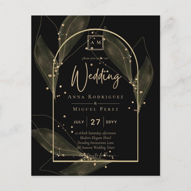 LeahG Black Gold Blätter Moderne HochzeitsinvITE Flyer (Vorne)