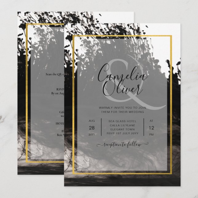 LeahG Black Gold INK Abstrakt Wedding Einladung (Vorne/Hinten)