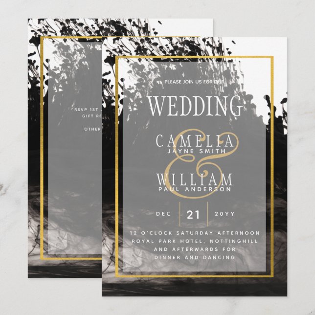 LeahG Black Gold INK Abstrakt Wedding Einladung (Vorne/Hinten)