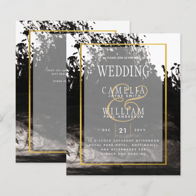 LeahG Black Gold INK Abstrakt Wedding Einladung (Vorne/Hinten)
