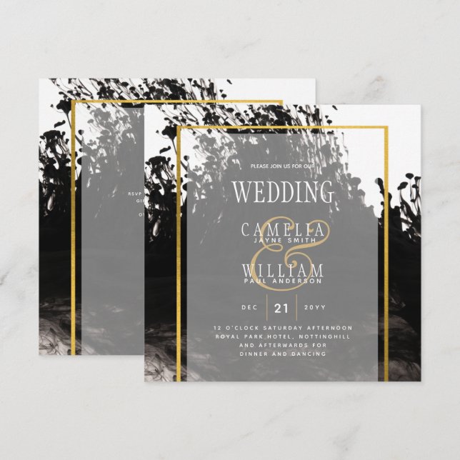 LeahG Black Gold INK Abstrakt Wedding Einladung (Vorne/Hinten)