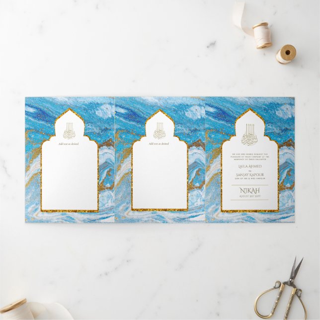 LeahG Blue Islamic Wedding lädt Nikah ein Dreifach Gefaltete Einladung (Außenbereich)