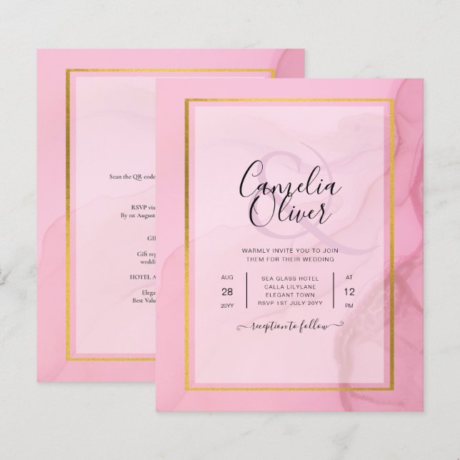 LeahG Blush Pink Gold INK Ombre Wedding INVITE (Vorne/Hinten)