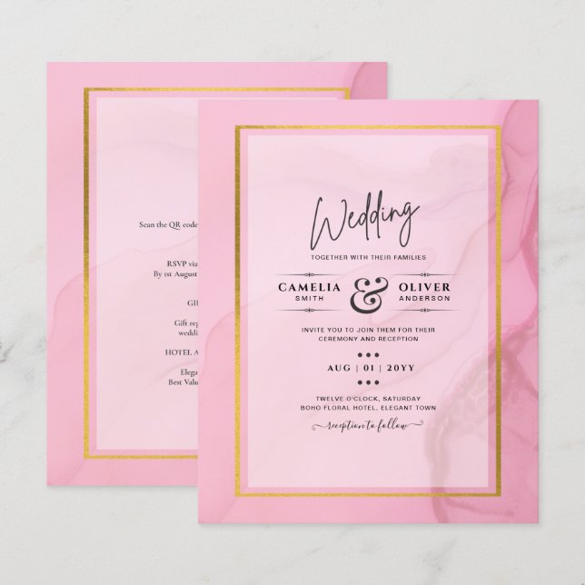 LeahG Blush Pink Gold INK Ombre Wedding INVITE (Vorne/Hinten)