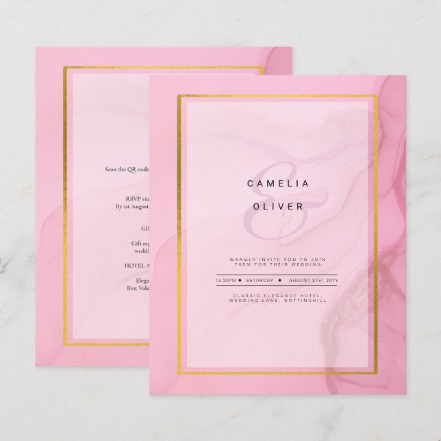 LeahG Blush Pink Gold INK Ombre Wedding INVITE (Vorne/Hinten)