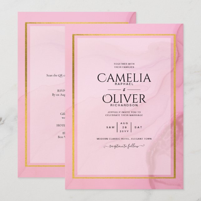 LeahG Blush Pink Gold INK Ombre Wedding INVITE Einladung (Vorne/Hinten)