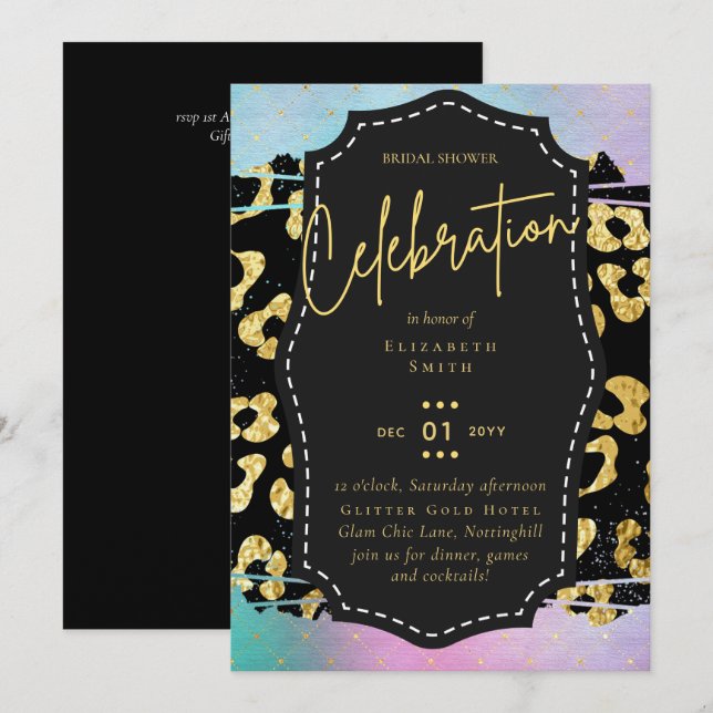 LeahG Budget Glam Chic Brautparty Unicorn Gold Einladung (Vorne/Hinten)