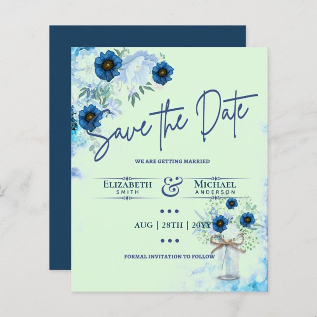 LeahG BUDGET Save the Date Blue Mint Florals (Vorne/Hinten)