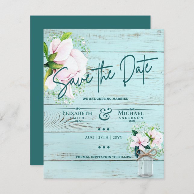 LeahG BUDGET Save the Date Rosa Magnolias Aquamari (Vorne/Hinten)