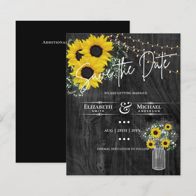 LeahG BUDGET Save the Date Schwarze Sonnenblumen (Vorne/Hinten)