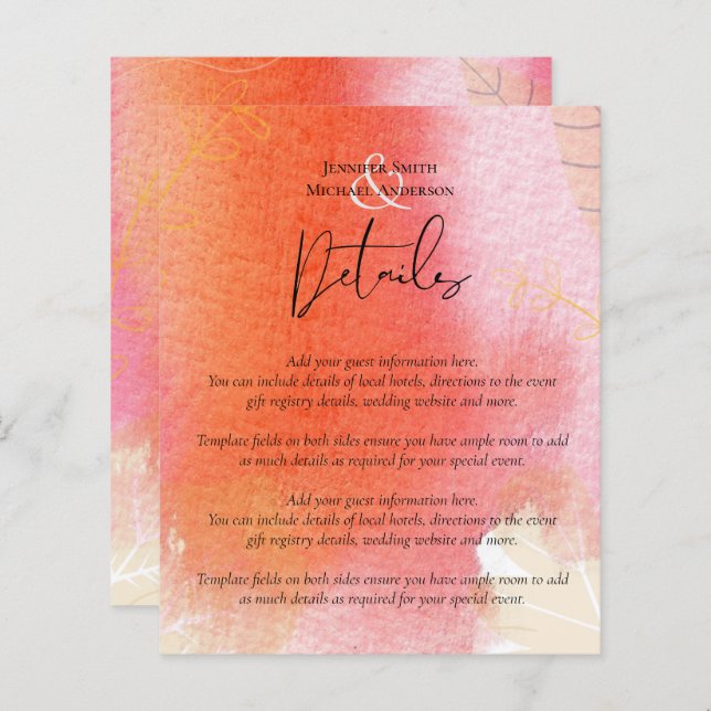 LeahG Budget Wedding Red Orange Watercolor Blätter (Vorne/Hinten)