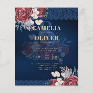 LeahG Burgunder Blaue Rosen Spitze Herbst-Hochzeit Flyer