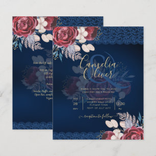 LeahG Burgunder Blaue Rosen Spitze Hochzeitseinlad