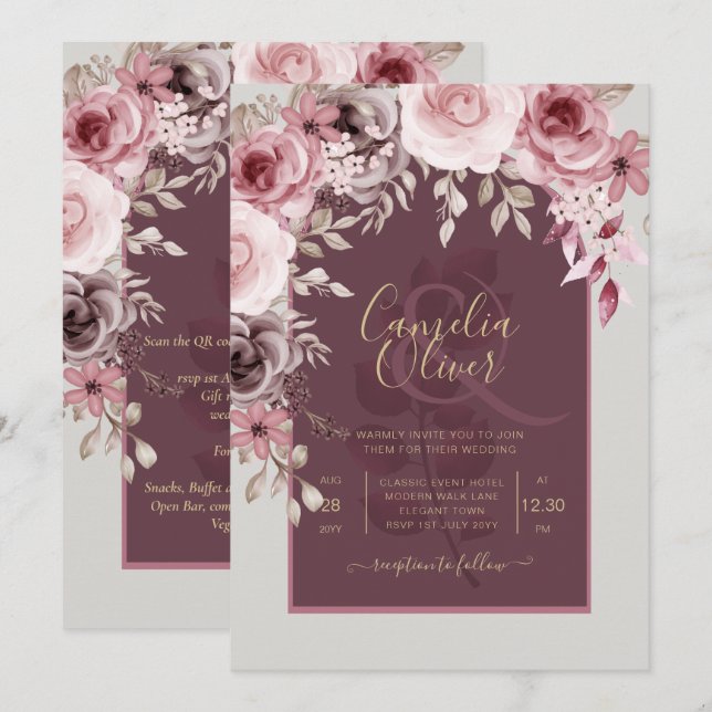 LeahG Burgundy Blush Roses Hochzeit im Herbst Inv. Einladung (Vorne/Hinten)
