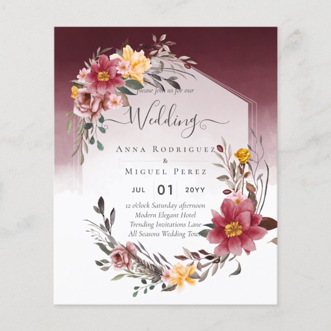 LeahG Burgundy Yellow Floral Wedding Einladung Flyer (Vorne)