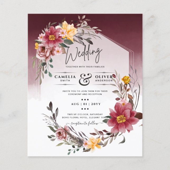 LeahG Burgundy Yellow Floral Wedding Einladung Flyer (Vorne)