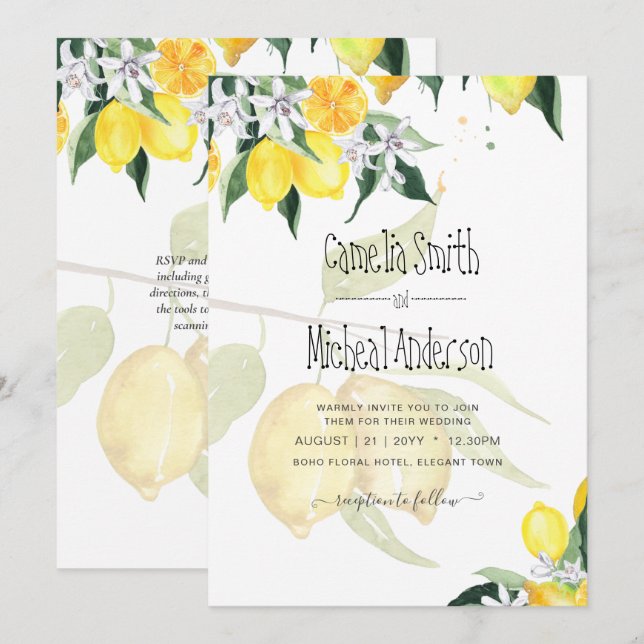 LeahG Citrus Lemons Budget Hochzeit Einladung Gelb (Vorne/Hinten)