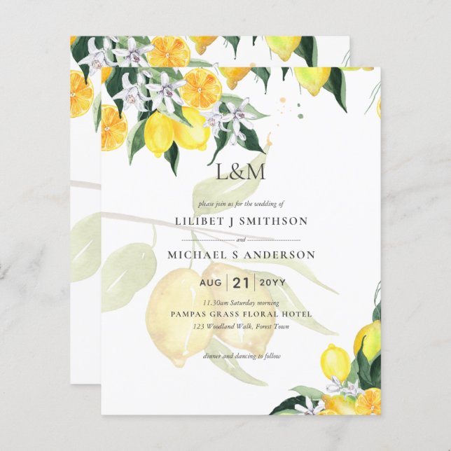 LeahG Citrus Yellow Lemons Wedding Invites (Vorne/Hinten)