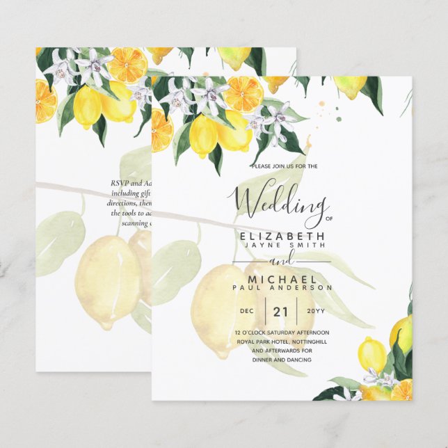 LeahG Citrus Yellow Lemons Wedding Invites (Vorne/Hinten)