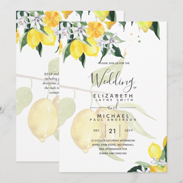 LeahG Citrus Yellow Lemons Wedding Invites Einladung (Vorne/Hinten)