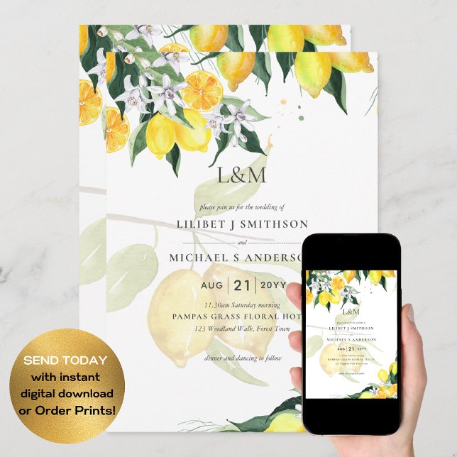 LeahG Citrus Yellow Lemons Wedding Invites Einladung (Von Creator hochgeladen)