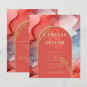 LeahG Coral Navy Blue Gold INK Wedding INVITE