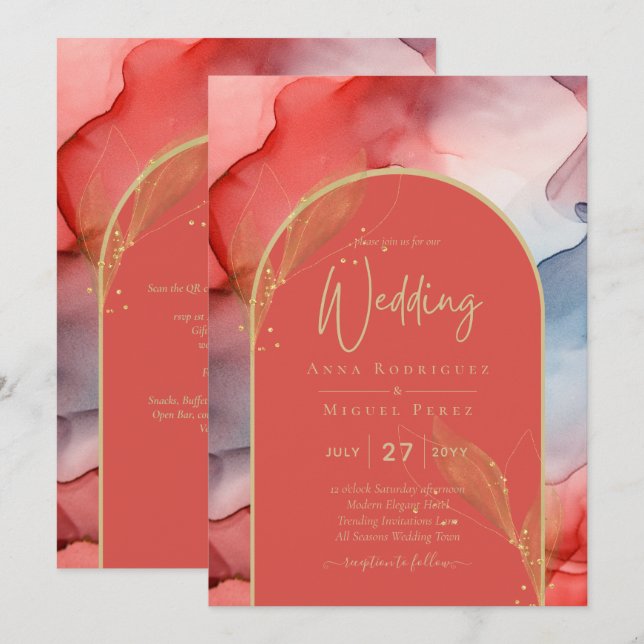 LeahG Coral Navy Blue Gold INK Wedding INVITE Einladung (Vorne/Hinten)