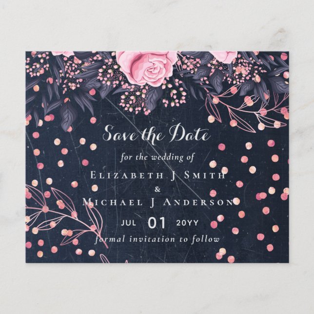 LeahG Denim Blue Rosegold Pink Floral Wedding Flyer (Vorne)