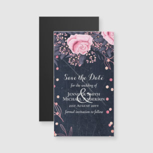 LeahG Denim Blue Rosegold Pink Floral Wedding Magnetkarte