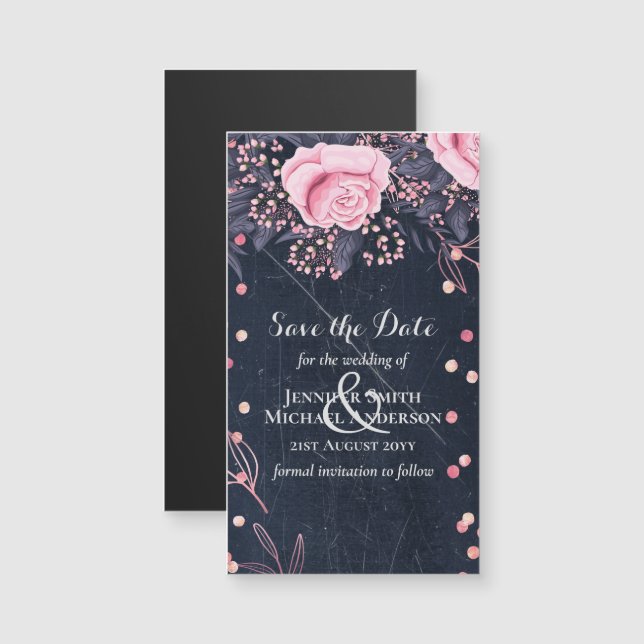 LeahG Denim Blue Rosegold Pink Floral Wedding Magnetkarte (Vorne/Hinten)
