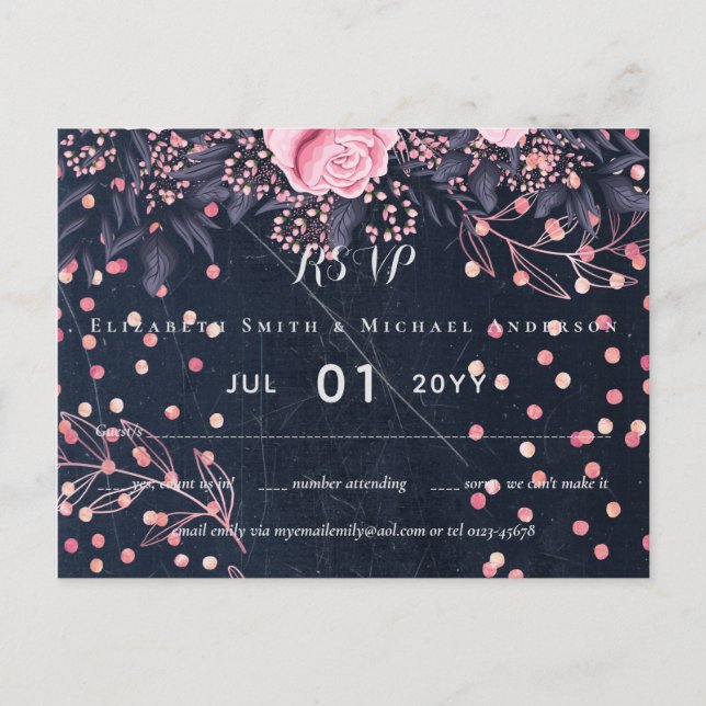 LeahG Denim Blue Rosegold Pink Floral Wedding Postkarte (Vorderseite)