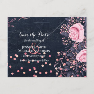 LeahG Denim Blue Rosegold Pink Floral Wedding Postkarte