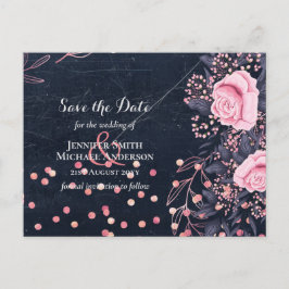 LeahG Denim Blue Rosegold Pink Floral Wedding Postkarte