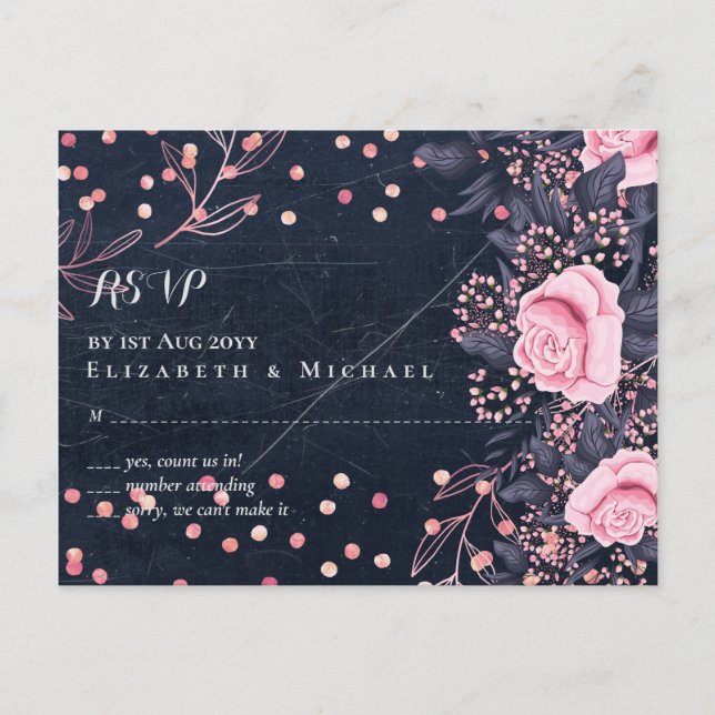 LeahG Denim Blue Rosegold Pink Floral Wedding Postkarte (Vorderseite)