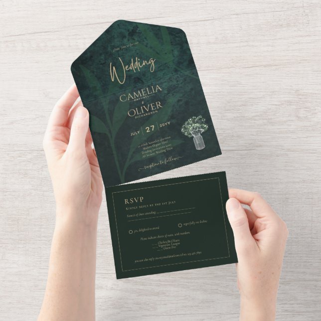 LeahG Emerald Forest Green Wedding INVITE All In One Einladung (Abreißen)