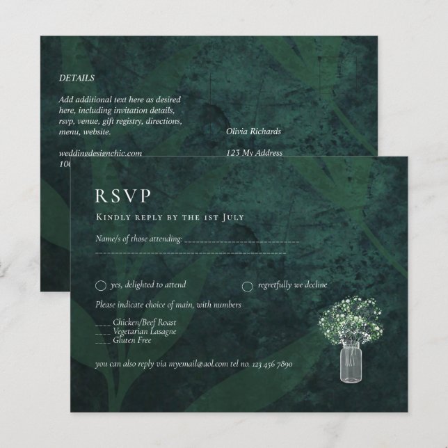 LeahG Emerald Green Gypsophila Mason Jar Wedding Postkarte (Vorne/Hinten)