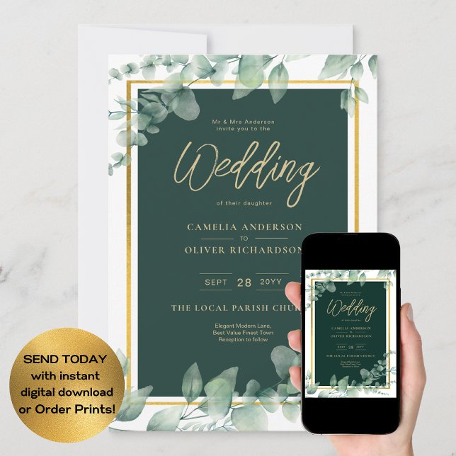 LeahG Eucalyptus Greenery Gold WEDDING QR CODE Einladung (Von Creator hochgeladen)