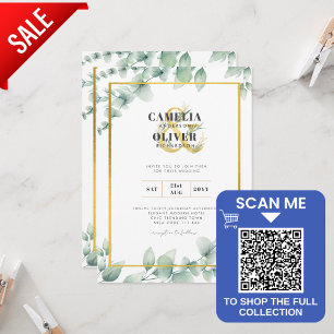 LeahG Eucalyptus Greenery Gold WEDDING QR CODE Flyer