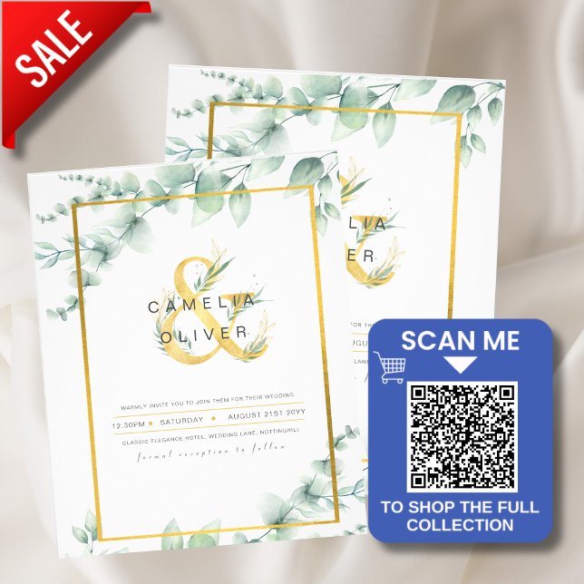 LeahG Eucalyptus Greenery Gold WEDDING QR CODE Inv (Von Creator hochgeladen)