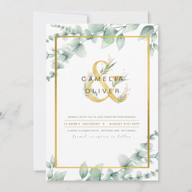 LeahG Eucalyptus Greenery Gold WEDDING QR CODE Inv Einladung (Vorderseite)