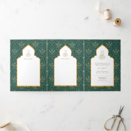 LeahG Green Gold Islamische Hochzeit lädt ein Dreifach Gefaltete Einladung