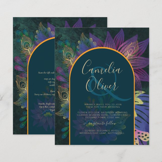 LeahG Green Lila Gold JEWEL TONES Wedding INVITE (Vorne/Hinten)