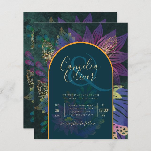 LeahG Green Lila Gold JEWEL TONES Wedding INVITE (Vorne/Hinten)