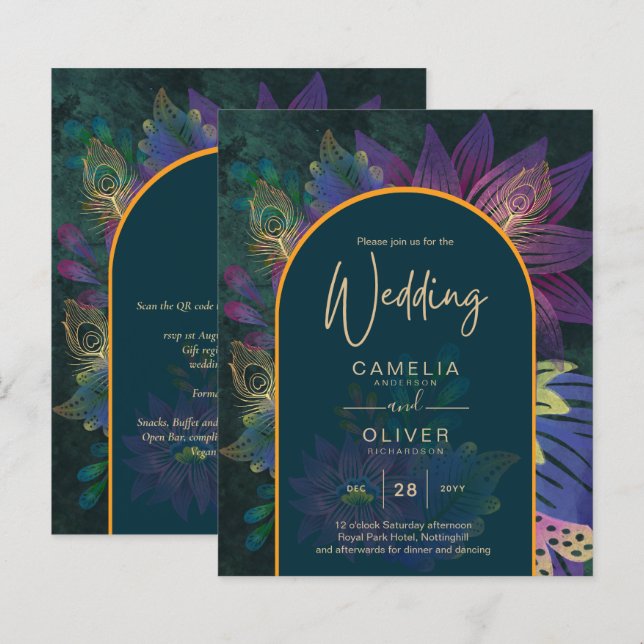 LeahG Green Lila Gold JEWEL TONES Wedding INVITE (Vorne/Hinten)