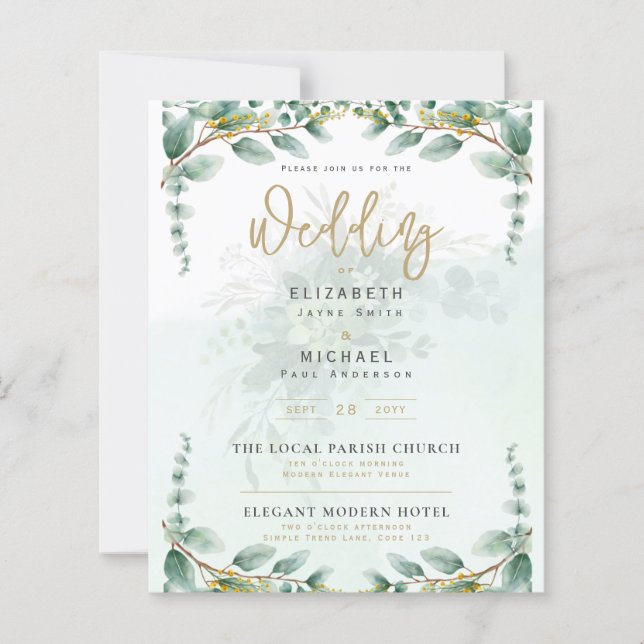 LeahG Greenery Eucalyptus Gold Wedding Invite QR C (Vorderseite)