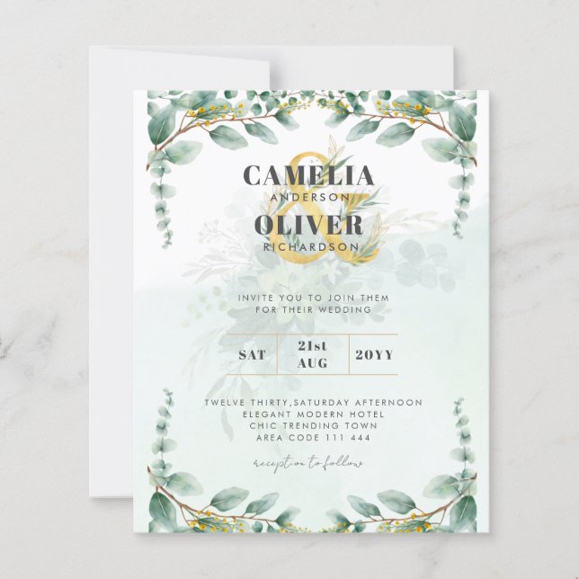 LeahG Greenery Eucalyptus Gold Wedding Invite QR C (Vorderseite)
